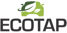 Logo Ecotap. Carro verde em cima da logo preta